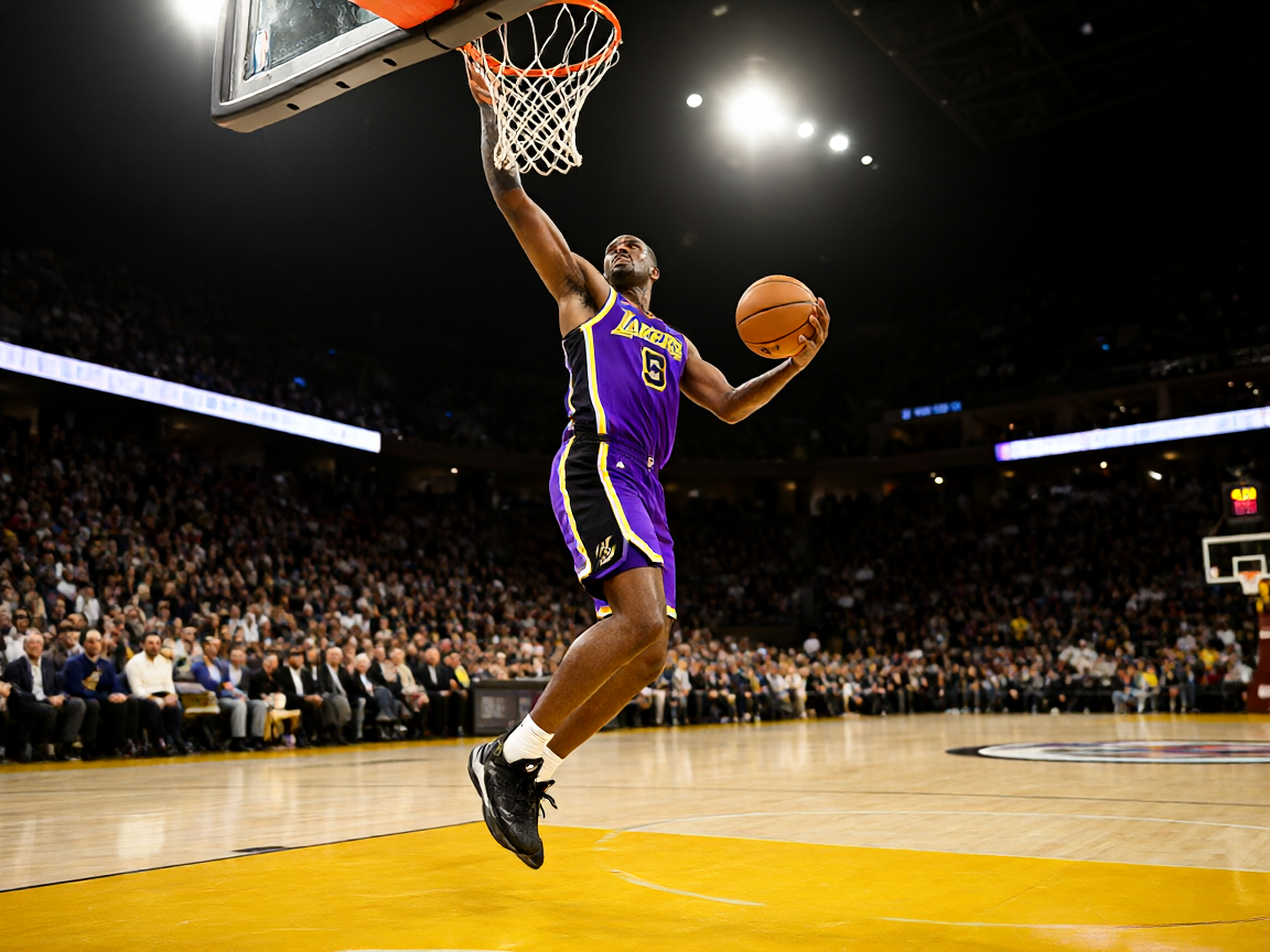 NBA篮球比赛中球员上篮得分，场馆灯光聚焦在球场上，观众席座无虚席